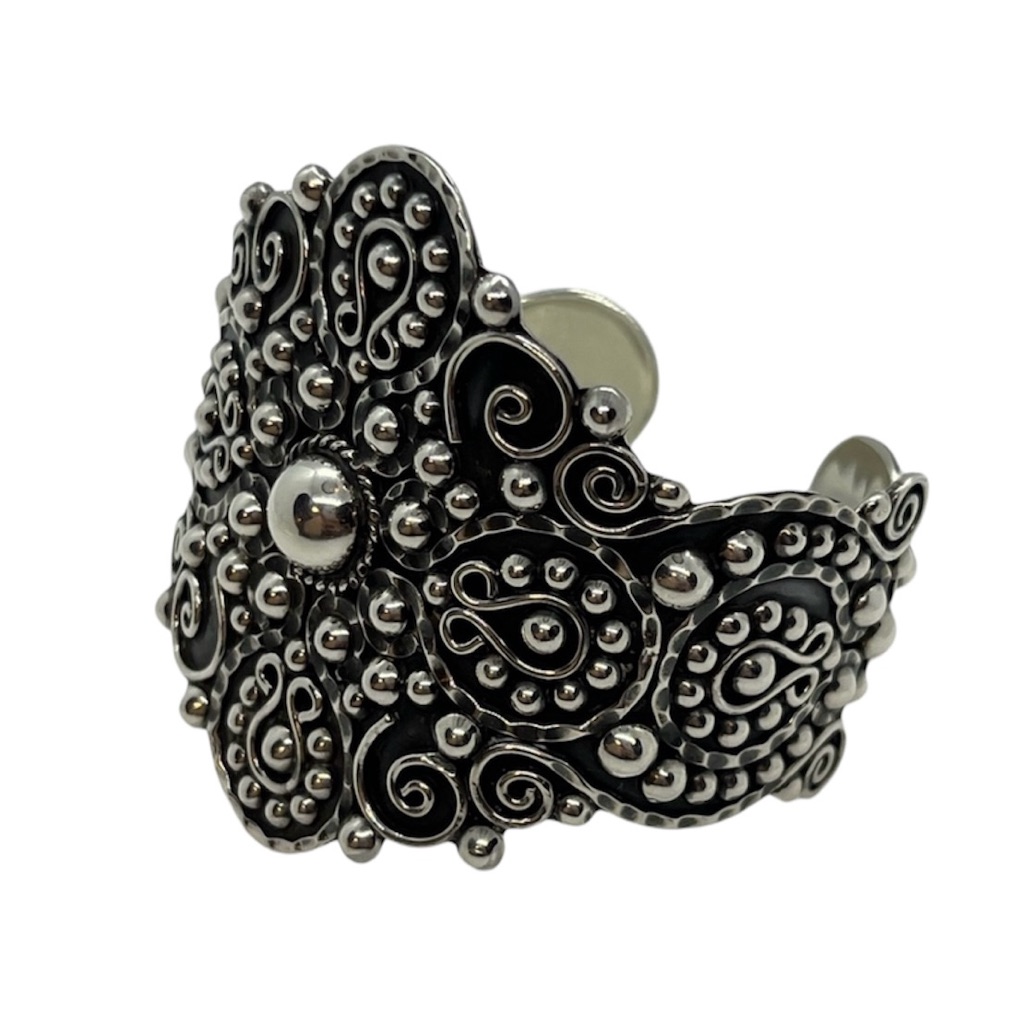 Sterling Silver Beaded Spirals Heavy Cuff Bracelet Handmade In Mexico